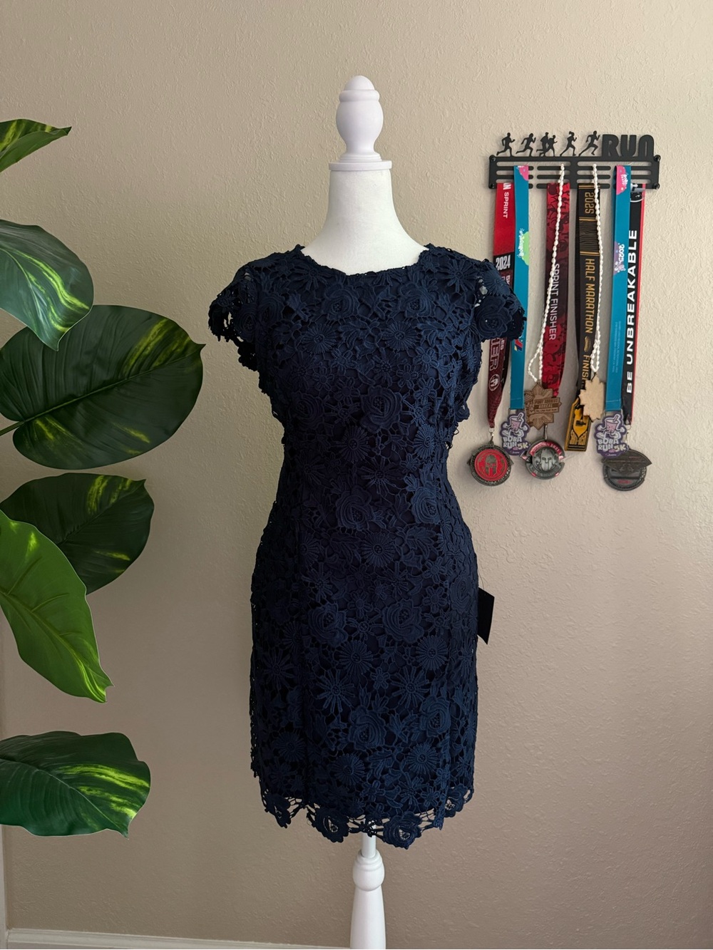 Lulu's Navy Floral Lace Cap-Sleeve Mini Dress
